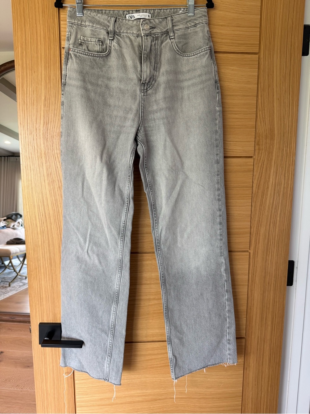 High waisted, straight leg jeans, soft gray wash